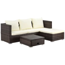 3PC Rattan Garden Furniture Storage Sofa Set 4 Seater Wicker Coffee Table Conservatory Sun Lounger Outdoor Weave with Cushion Brown