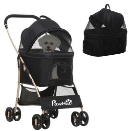 Detachable Pet Stroller, 3-In-1 Dog Cat Travel Carriage, Foldable Carrying Bag with Universal Wheel Brake Canopy Basket Storage Bag, Black