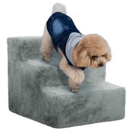 PAWSTER Three-Step Dog Stairs, with Washable Plush Cover, for High Bed Sofa, Dog Stairs for Small Dog and Cat - Light Grey
