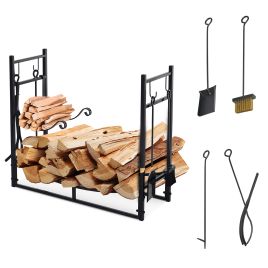 Firewood Stand Log Rack Holder 84cm with 4-PC Fireplace Tools Set, Indoor Outdoor, Metal, Black