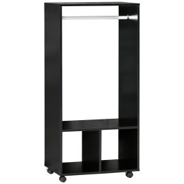 Open Wardrobe with Hanging Rod Storage Shelves Mobile Garment Rack on Wheels - Black