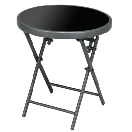 Î¦45cm Outdoor Side Table, Round Folding Patio Table with Imitation Marble Glass Top, Small Coffee Table