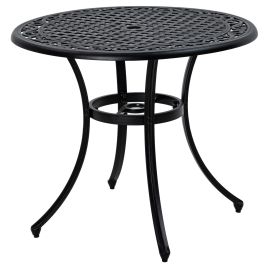 Round Garden Table with Parasol Hole, 90cm Cast Aluminium Outdoor Dining Table for 2-4 for Balcony - Black