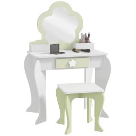 ZONEKIZ Kids Vanity Table with Mirror and Stool, Drawer, Storage Boxes, Beauty Flower Design, for 3-6 Years Old, White
