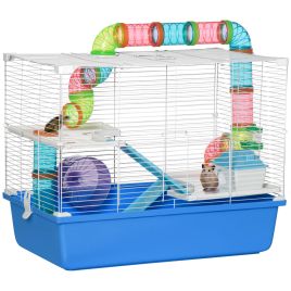 Large Hamster Cage, 3-Level Small Rodents House, with Tube Tunnel, Exercise Wheel, Water Bottle, Food Dish, Ramps, Hut, 59 x 36 x 47 cm, Blue