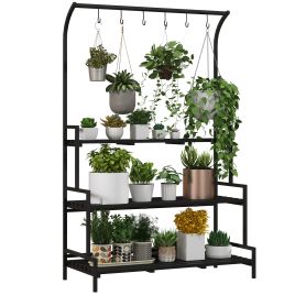 3 Tiered Plant Rack with Hanging Hooks, Tall Plant Stand for Indoor Outdoor Porch Balcony Use, Black