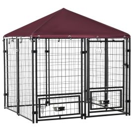 PAWSTER Outdoor Dog Kennel with Rotating Bowl Holders, Water and UV-Resistant Cover for Medium & Small Dogs, Red