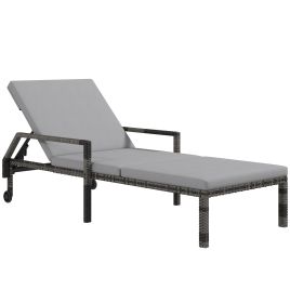 Outdoor Sun Lounger, Rattan Wicker Chaise Recliner with 5-Level Adjustable Backrest and 2 Wheels