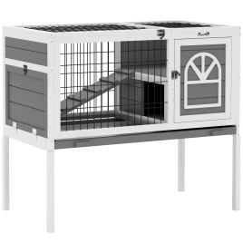 PAWSTER Wooden Rabbit Hutch, Guinea Pig Cage, with Removable Tray, Openable Roof, Grey