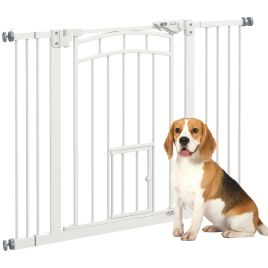 Pressure Fit Stair Dog Gate w/ Small Cat Door, Automatic Closing Door, Double Locking, for 74-100cm Openings - White