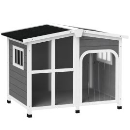 PAWSTER Wooden Dog Kennel with Removable Floor, Asphalt and Openable Roof, Giant Window for Large Dogs, Charcoal Grey