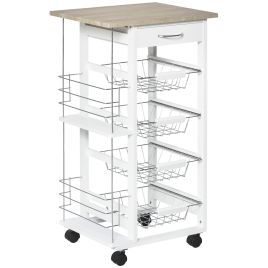 Rolling Kitchen Cart, Utility Storage Cart with 4 Basket Drawers & Side Racks, Wheels for Dining Room, Brown