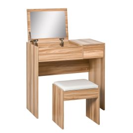 Chipboard Dressing Table Set Cushioned Stool Flip Up Mirror Drawer - Wood Grain