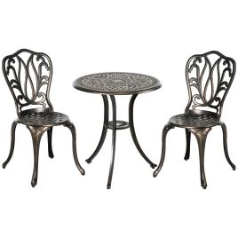 3 Piece Garden Bistro Set Aluminium Outdoor Furniture Set for 2 Patio Chairs and Table with Umbrella Hole Bronze Tone