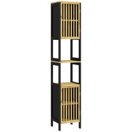 Scott Tall Bamboo Bathroom Cabinet with Slatted Doors - Black