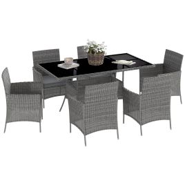 SUNVISTA 7-Piece Rattan Garden Furniture Set with Cushions, 6 Seater Garden Table and Chairs, Charcoal Grey