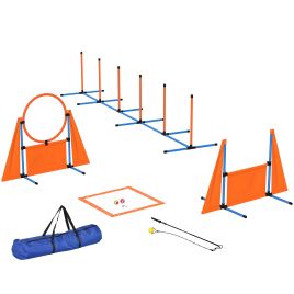 PAWSTER 7-Piece Dog Agility Equipment Set with Weave Poles, Jump Ring and Hurdle, Pause Box and Carry Bag, Orange