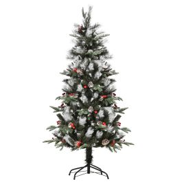 Debbie 5FT Artificial Snow Dipped Christmas Tree Xmas Pencil Tree Holiday Home Party Decoration w Foldable Feet Berries Pinecones Green