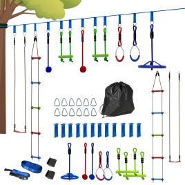 AIVAGO 10 Piece Zip Line Kit for Kids with 10m Slackline, Monkey Bars, Swing, Climbing Ladder, Hanging Tray, Metal Rings