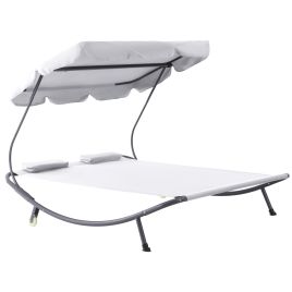 Patio Double Hammock Sun Lounger Bed w/ Canopy Shelter, Wheels & 2 Pillows, White