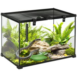 50 x 30 x 35 cm Reptile Glass Terrarium, Reptile Breeding Tank, Climbing pet Glass Containers, Arboreal Box, with Strip Patch Thermometer-Black