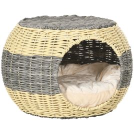 Wicker Cat House, Rattan Raised Cat Bed, Cosy Kitten Cave with Soft Washable Cushion, ?40 x 30cm