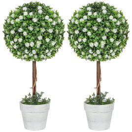 HERON Set of 2 Decorative Artificial Plants, Ball Topiary Tree with Rose Flower in Pot, Fake Plants for Home Indoor Outdoor Decor, 60cm, White