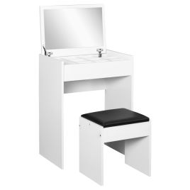 Dressing Table Set Padded Stool Dresser with Flip Up Mirror Multi Purpose - White
