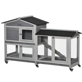 Two-Tier Rabbit Hutch and Run Wooden Mobile Guinea Pig Hutch Bunny Cage w/ Wheels, Run, Slide-Out Tray, Ramp 157.4 x 53 x 99.5 cm