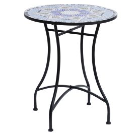 Outdoor Mosaic Round Garden Table, Patio Bistro Coffee Side Table with 60cm Ceramic Top for Garden, Blue and White