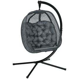 Outdoor Swing Chair w/ Thick Padded Cushion, Patio Hanging Chair w/ Metal Stand, Foldable Basket, Cup Holder, Dark Grey