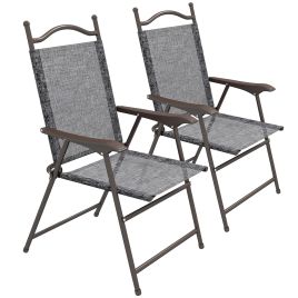 2 Pieces Folding Patio Camping Chairs Set, Sports Chairs for Adults with Armrest, Mesh Fabric Seat for Lawn