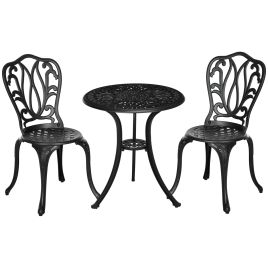 SUNVISTA 3 Piece Garden Bistro Set, Cast Aluminium Outdoor Furniture Set with Umbrella Hole for Balcony, Porch, Patio, Black