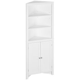 Triangle Bathroom Cabinet, Corner Bathroom Storage Unit with Cupboard and 3-Tier Shelves, Free Standing, White
