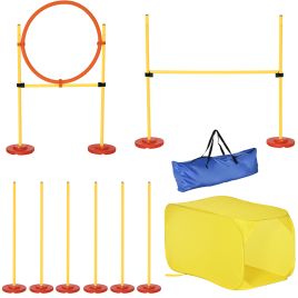 4PCs Portable Pet Agility Training Obstacle Set for Dogs w/ Adjustable Weave Pole, Jumping Ring, Adjustable High Jump, Tunnel