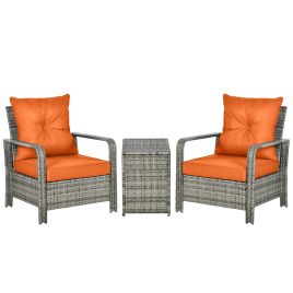 3 pcs PE Rattan Wicker Garden Furniture Patio Bistro Set Weave Conservatory Sofa Storage Table and Chairs Set Orange Cushion, Mixed Grey