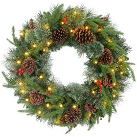 Scott Pre-Lit Cone and Berry Christmas Wreath for Front Door with LED Lights - Green