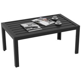 Outdoor Side Table, Rectangular Patio Coffee Side Table with Steel Frame and Slat Tabletop for Garden, Balcony, Black