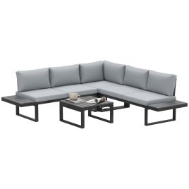 SUNVISTA 4 Pieces Patio Garden Set with 5-Level Recline Corner Sofa, Black Frame Light Grey Cushion