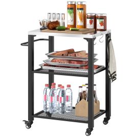 SUNVISTA Three-Shelf Outdoor Grill Cart with Stainless Steel Top, Outdoor Kitchen Island with 4 Wheels, 3 Hooks, 65.5 x 41 x 79 cm