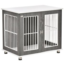Dog Crate, Wooden Pet Kennel Cage with Lockable Door and Adjustable Foot Pads, Modern Design, Grey and White