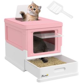 PAWSTER Hooded Cat Litter Box, Portable Pet Toilet, with Scoop, Front Entry - Pink