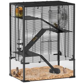 PAWSTER 4 Tiers Hamster Cage with Deep Tempered Glass Bottom, Hut, Running Wheel, Food Dish, Water Bottle, 60 x 40 x 80cm