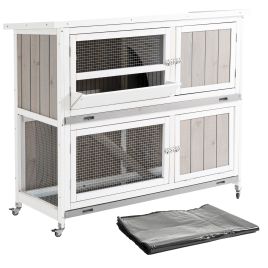 Wooden Rabbit Hutch Two-Tier Guinea Pig Cage Elevated Multi-Door Pet House Bunny Cage w/ Rain Cover, Wheels, Slide-Out Tray, Grey