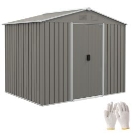 8 x 6ft Outdoor Garden Storage Shed, Metal Tool House with Ventilation and Sliding Doors, Light Grey