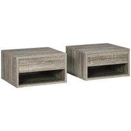 HERON Set of Two Floating Bedside Tables Wall Mounted Nightstands with Drawer and Shelf for Bedroom, Brown Wood-Effect