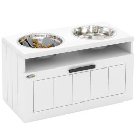 PAWSTER Raised Dog Bowl with Slow Feeder & 2 Stainless Steel Dog Bowl, 25L Storage Drawer, for Large & Extra Large Dogs, White