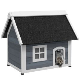 Shelley Outdoor Cat House Wooden Shelter with Openable Roof and Three Doors - Grey