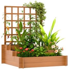 SUNVISTA 3 Tier Garden Planters with Trellis for Vine Climbing, Wooden Raised Beds, 95x95x110cm, Brown