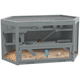 PAWSTER 3 Tier Wooden Large Hamster Cage with Sliding Tray, Seesaws, Water Bottle, Grey